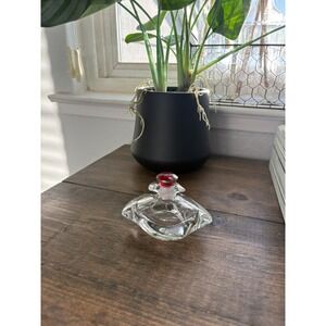Vtg Modernist Biomorphic Clear Art Glass Perfume Bottle, Red Stopper & Gold Rim